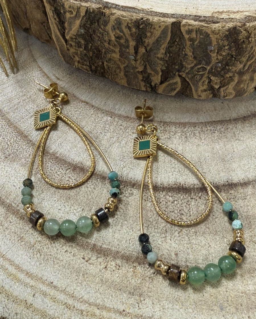 boucles d'oreilles acier inoxydable doré à l'or fin pierre naturelle amazonite marque OMACOO