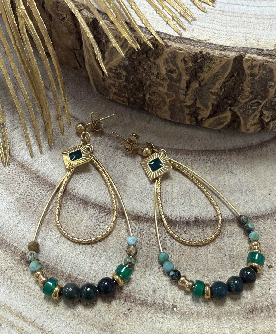 boucles d'oreilles acier inoxydable doré à l'or fin pierre naturelle malachite marque OMACOO