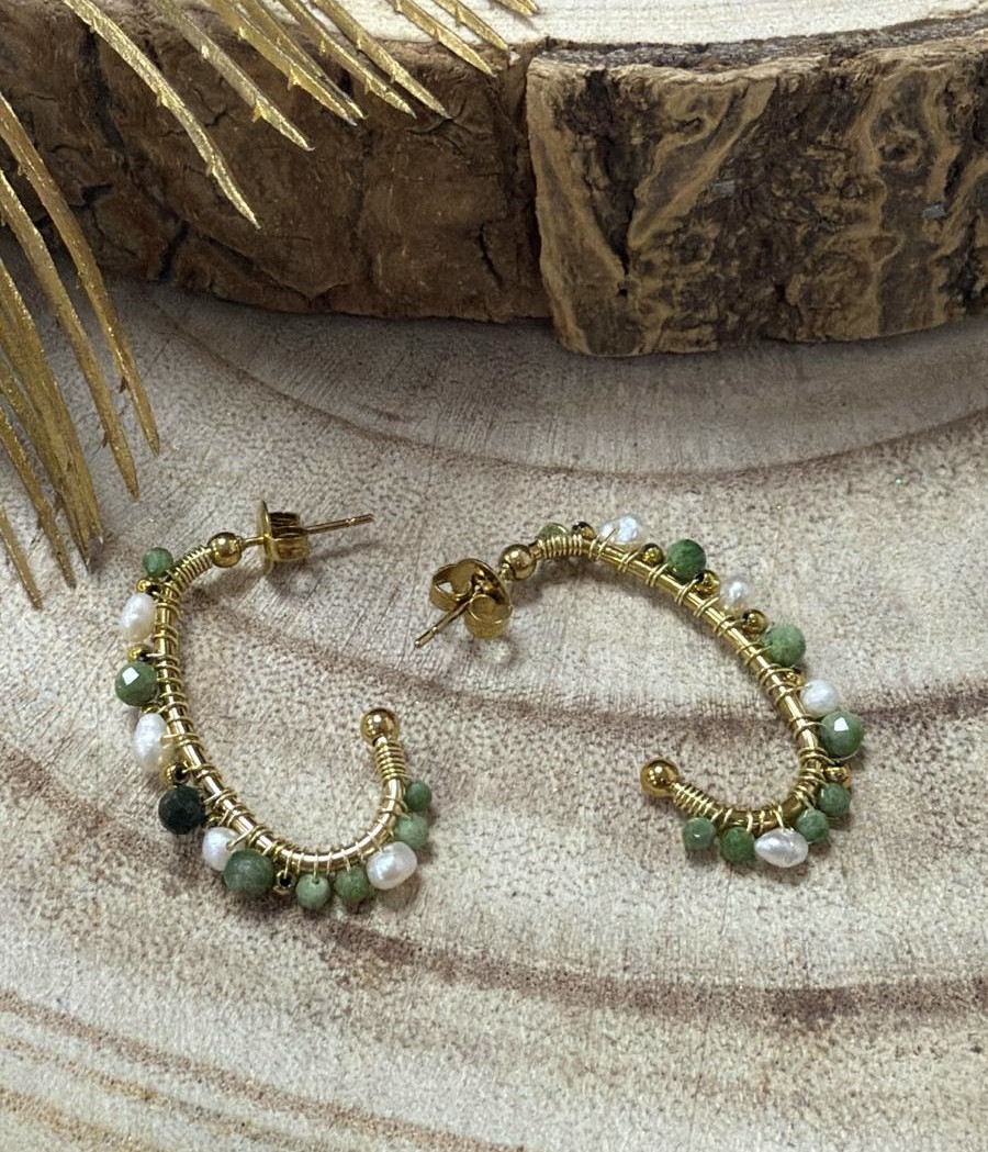 boucles d'oreilles acier inoxydable doré à l'or fin pierre naturelle Aventurine marque OMACOO
