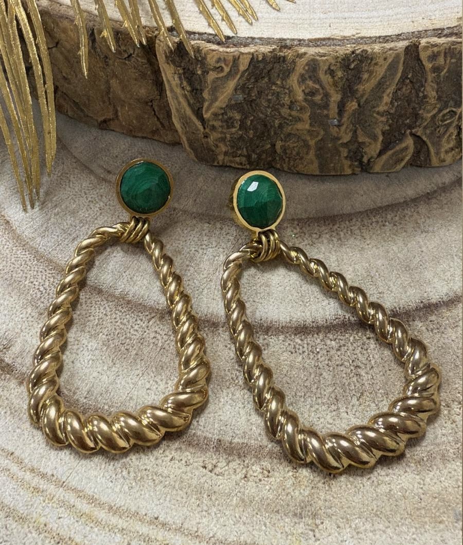 boucles d'oreilles malachite vert acier inoxydable doré marque OMACOO