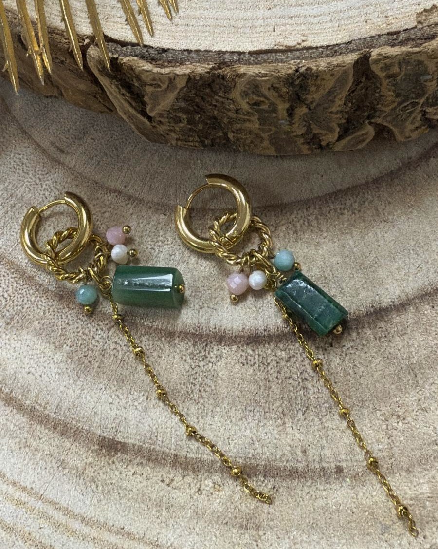 boucles d'oreilles acier inoxydable doré à l'or fin pierre naturelle malachite marque OMACOO