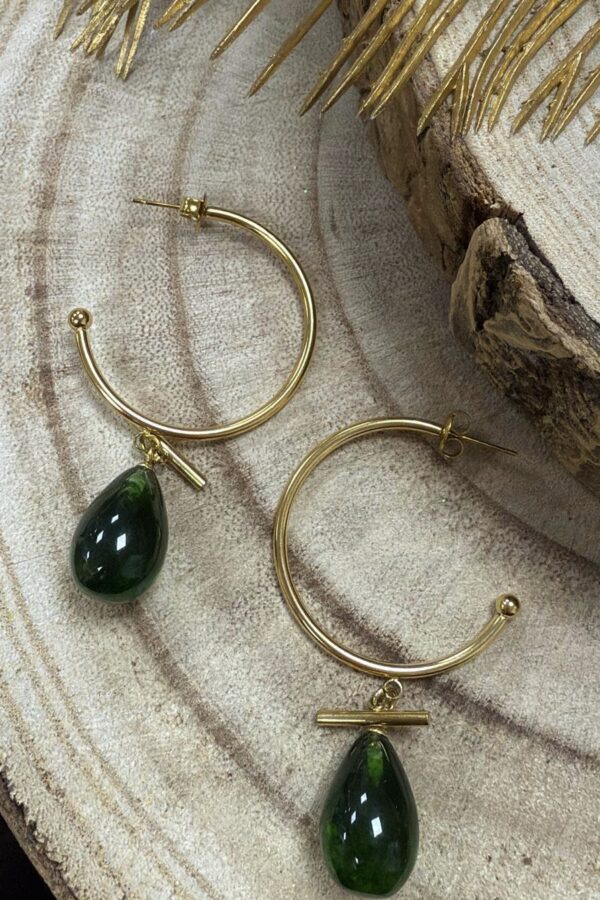 boucles d'oreilles créoles acier inoxydable doré à l'or fin pierre naturelle malachite marque OMACOO