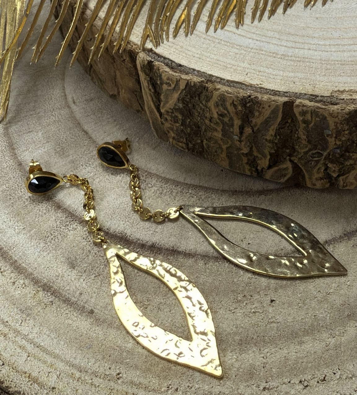 boucles d'oreilles onyx acier inoxydable doré marque OMACOO