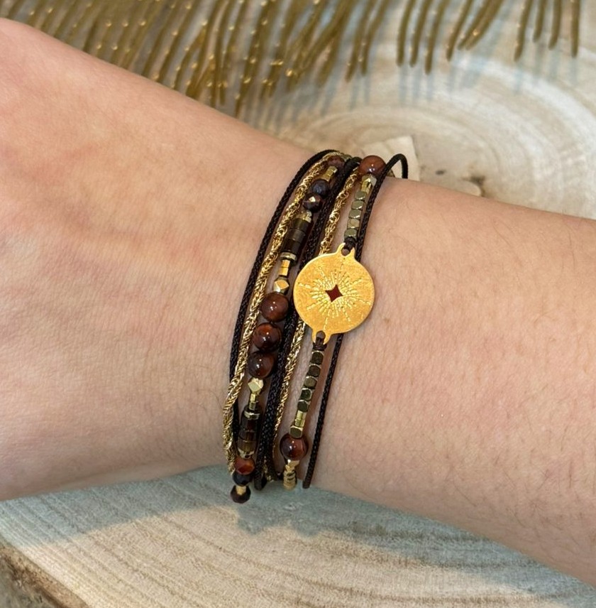 Bracelet multi-rangs pierres naturelles marque omacoo bordeaux marron