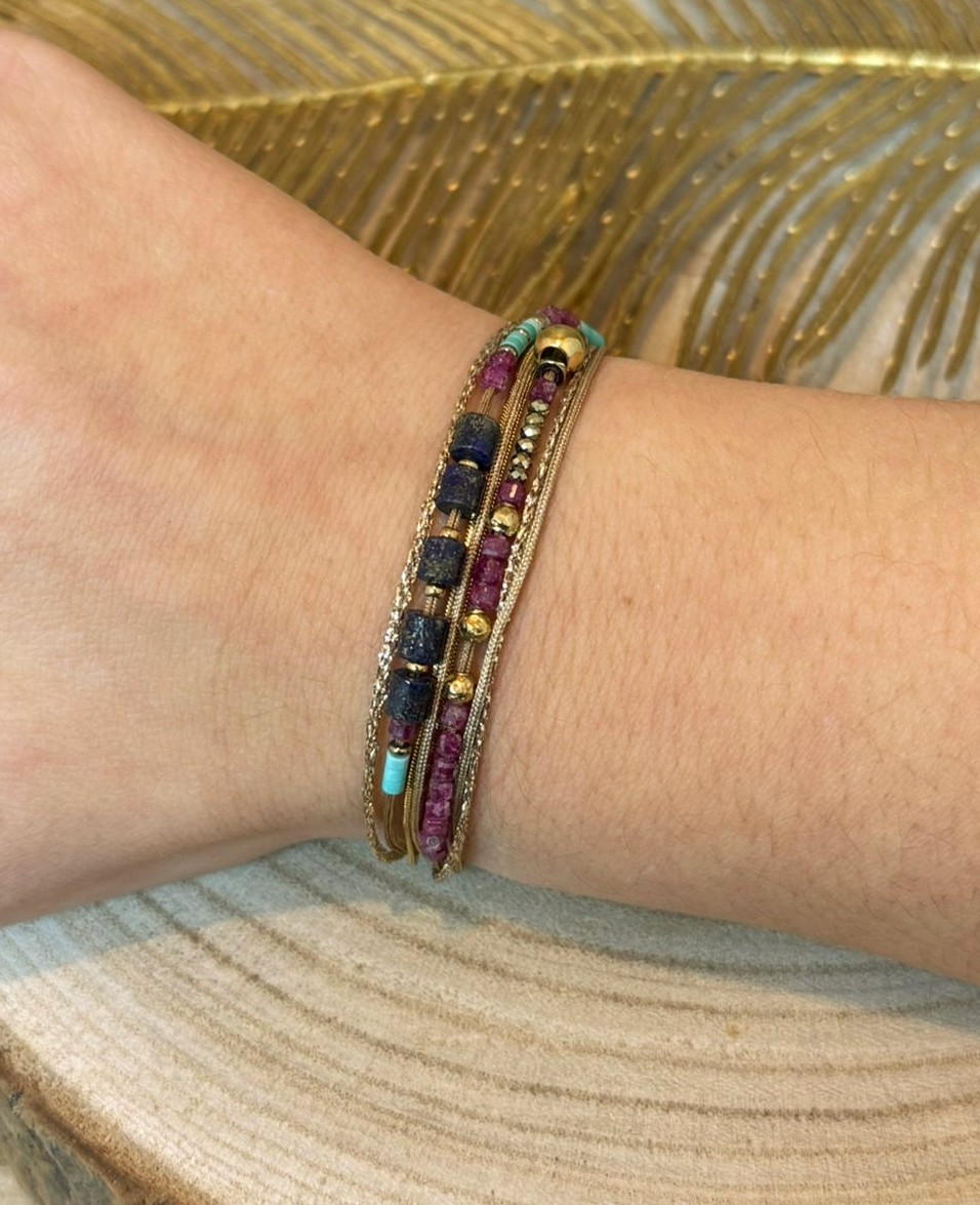 Bracelet multi-rangs pierres naturelles marque omacoo violet bleu