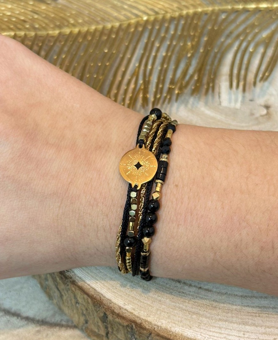 Bracelet multi-rangs pierres naturelles marque omacoo bordeaux noir