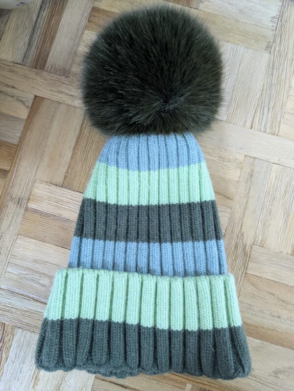 Bonnet Oslo vert, bleu ciel rayures avec laine et angora