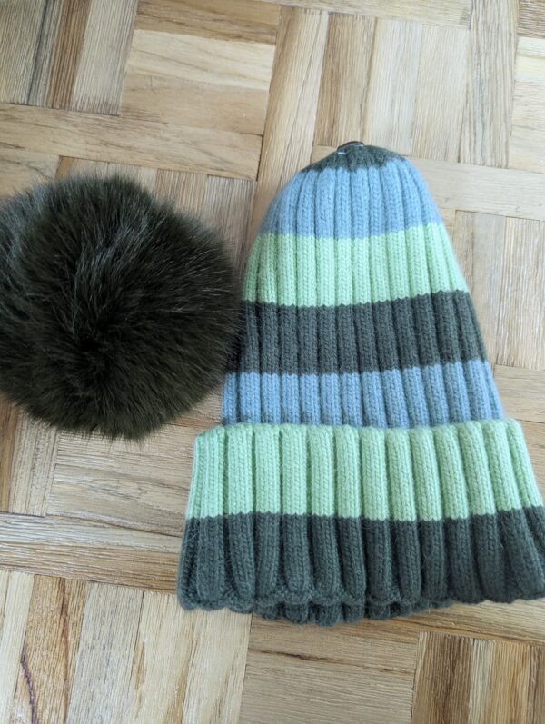 Bonnet Oslo vert, bleu ciel rayures avec laine et angora